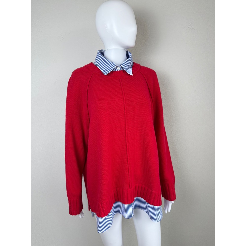 Lauren Ralph Lauren Women 2X Red Layered Sweater Mixed Media Striped Trim Preppy